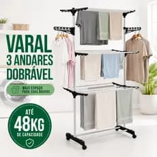 Varal Chão Roupas Vertical Dobrável 3 Andares Grande Portátil Articulado Rodinha Cabide Suporta 48kg