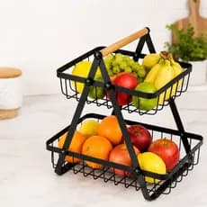 Fruteira de Mesa 2 Andares Bambu Multiuso Metal Preto Cesto Frutas Organizador Decorativa