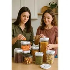 Kit 7 Potes Acrílico Mantimentos Arroz Feijão Cereais Condimentos Tampa Empilhar Organizar