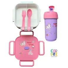 Pote Marmita Infantil com Garrafa de Plástico + Garfo e Colher Unicórnio ou Dinossauro
