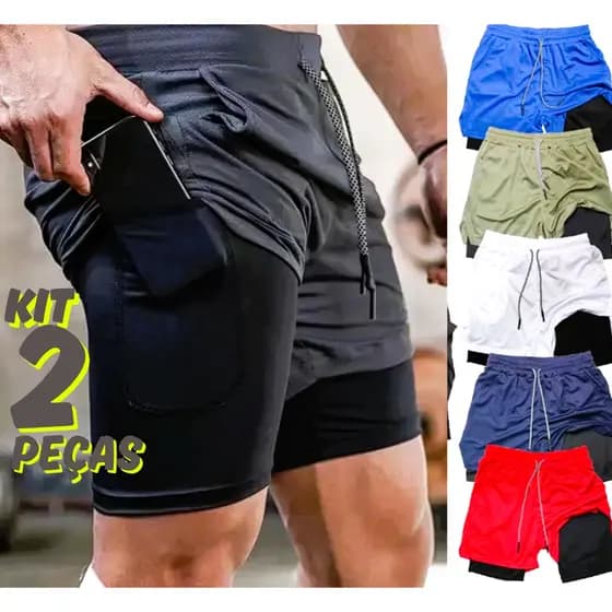 Kit 2 Shorts Bermuda Masculino 2 em 1 Short Duplo Sport para Academia e Corrida Short com Forro