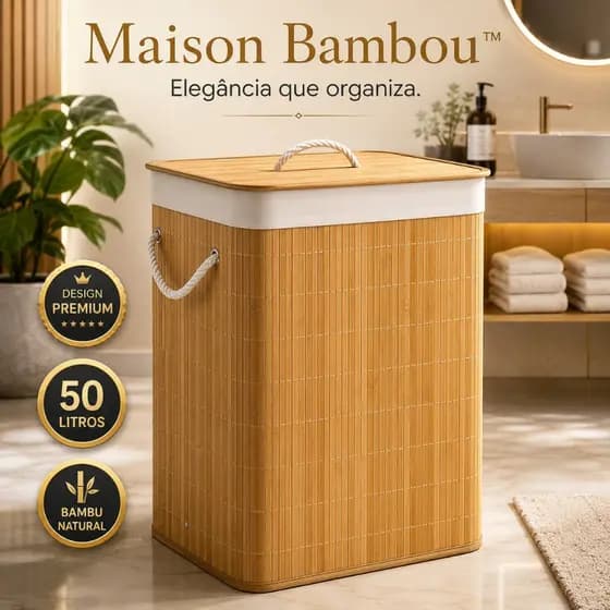Maison Bambou™ Cesto Roupa Organizador Tampa Alca Bambu Capacidade 50 Litros Resistente