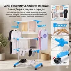 Varal de Chão Dobrável 3 Andares TowerDry Rodinhas Suporte Cabides Multiuso Organizador de Roupas