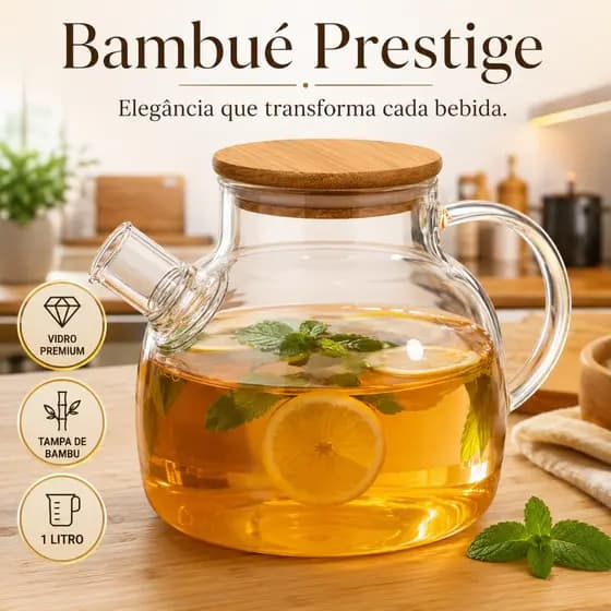 Bambué Prestige Chaleira Vidro Elegante Tampa Bambu 1 Litro Resistente Alta Qualidade Cozinha
