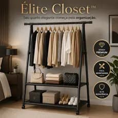 Élite Closet™ Arara Roupas Multiuso Com Prateleiras Resistente Organizador Preto Duravel
