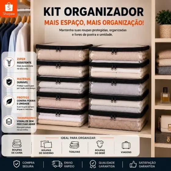 Kit 10 Organizadores de Armário e Closet Transparente com Zíper Preto Proteção Organização para Roupas, Enxoval e Viagem