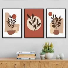Kit Quadros Decorativos 3 Peças Vaso de Flor Folha Verde Natureza Floresta Meditação Jarro