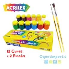 Tinta Tempera Guache 12 Cores Acrilex Com 2 Pincéis Leo e Leo Kit Escolar Infantil