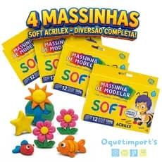 Kit 4 Caixas Massinha De Modelar Escolar Infantil 12 Cores Acrilex Não Tóxico Base De Amido