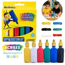 Cola Colorida Acrilex 6 Cores 23g Cada Lavável e Não Tóxica Para Uso Escolar e Atividades DIY