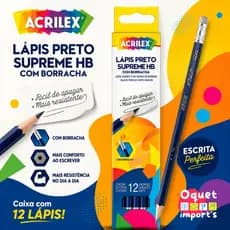 Lápis De Escrever Preto Supreme HB Com Borracha 12 Unidades Acrilex