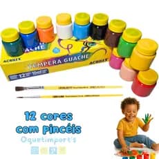 Tinta Tempera Guache Acrilex 15ml com 12 Cores Vibrantes + 2 Pincéis Não Tóxica e Lavável
