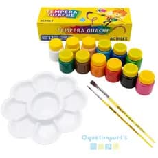 Kit Acrilex Tinta Guache Infantil 12 Cores + 2 Pincéis + Godê Flor Escolar Pintura