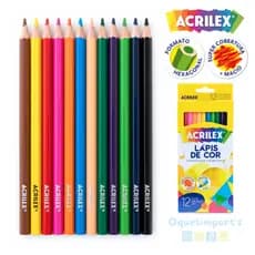 Lápis de Cor 12 Cores Acrilex Super Cobertura Macia Para Colorir Mina 3mm Resistente