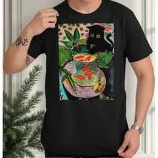 Camiseta Gato Preto Peixes Pintura a Óleo 100% Algodão Preto Branco