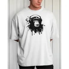 Camiseta Chimpanzé Macaco Primata Musica Borboletas Fone de Ouvido Headset Graffiti Tinta Pingo 100% Algodão