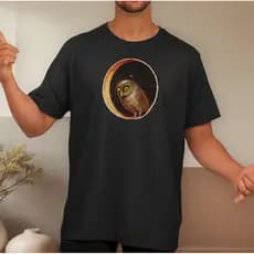 Camiseta Coruja Curiosa Pintura Arte Hieronymus Bosch 100% Algodão Preta Branca