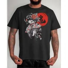 Camiseta Japonesa Demonio Oni Garota Japonesa Estilo Urbano Cyberpunk 100% Algodão Preto Branco