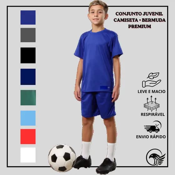 Conjunto Infantil Menino Camiseta e Bermuda Esportivo Dry fyt Poliéster Premium com Bolso Cós Elástico tam.10 ao 16