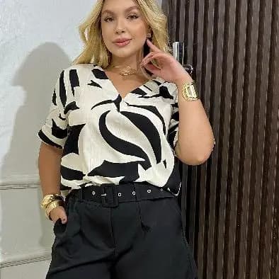 BLUSA FEMININA DECOTE EM V EM VISCOLINHO PLUS SIZE
