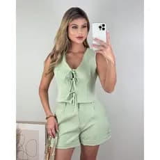 Conjunto Feminino Colete e Short  Alfaiataria Tendência Elegante Blusa com Laço na frente