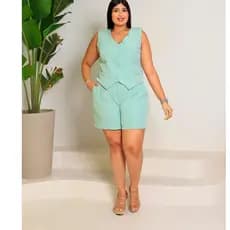 Conjunto Feminino Alfaiataria Plus Size Colete + short Cintura alta