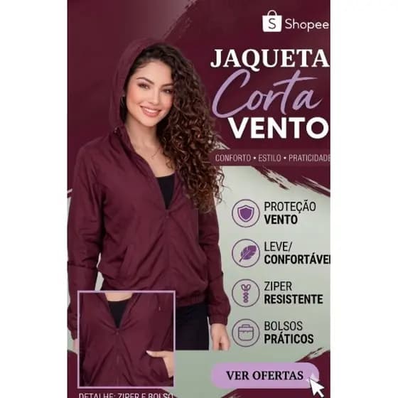 Jaqueta Feminina Leve Corta Vento com Capuz e Bolso