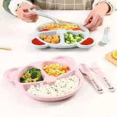 Prato Infantil Para Bebê com Divisórias e Talheres Urso Kit Alimentação Plástico Não Tóxico Introdução Alimentar
