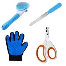 Kit 4 Peças Higiene Pets Banho e Tosa Escova Desembaraçante, Luva Massageadora, Tesoura e Lixa Unha