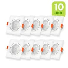 Kit 10 Spots De Led Embutir Quadrado Hitec Bivolt Direcionavel 7W 3000K Ou 6500K Iluminação Quartos Casas Comércios