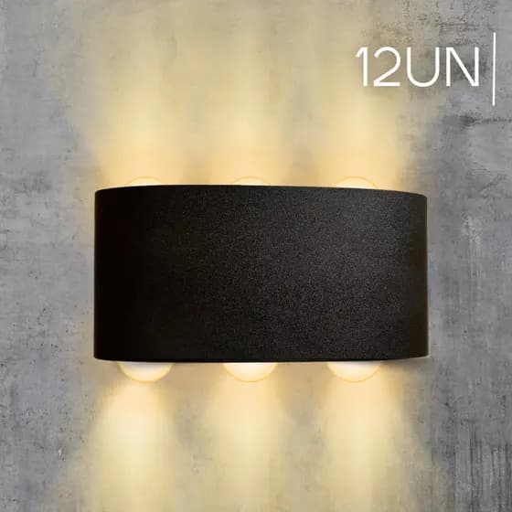 Kit 12 Luminárias Arandelas LED 6W 3000K Preto 51 Bivolt Design Moderno Compacto Iluminação Externa Residencial
