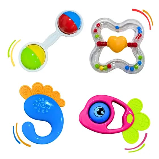 Kit 4 Brinquedos Para Bebê Chocalho Mordedor Macio Colorido Sensorial Infantil