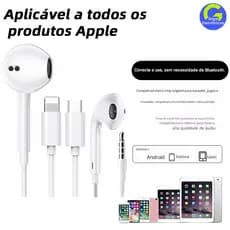 Fone Com Fio Stereo (com mic) para iPhone (Lightning/15-16 Type-C) e Android, compatível com Lightning/Type-C/3.5mm