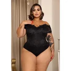 Body Feminino Plus com Renda Frontal, Tule nos Ombros e Costas em Suplex (Tamanhos 48 ao 52)