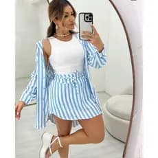 Conjunto Feminino Saia Short + Camisa Listrada – Tecido Duna, Casual e Elegante
