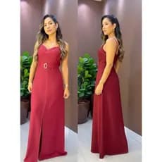 Vestido Feminino Longo Tecido Sensorial com Fenda Elegante Cinto com Fivela Casual e Social