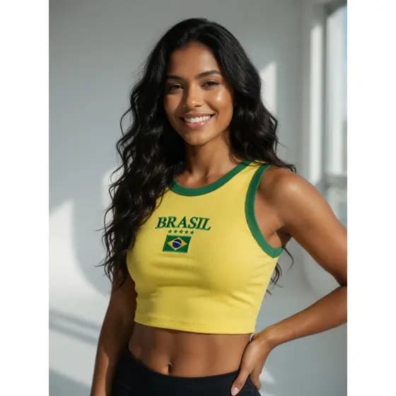 Cropped Regata Feminina Brasil em Ribana Canelada – Top Curto Estilo Casual Confortável