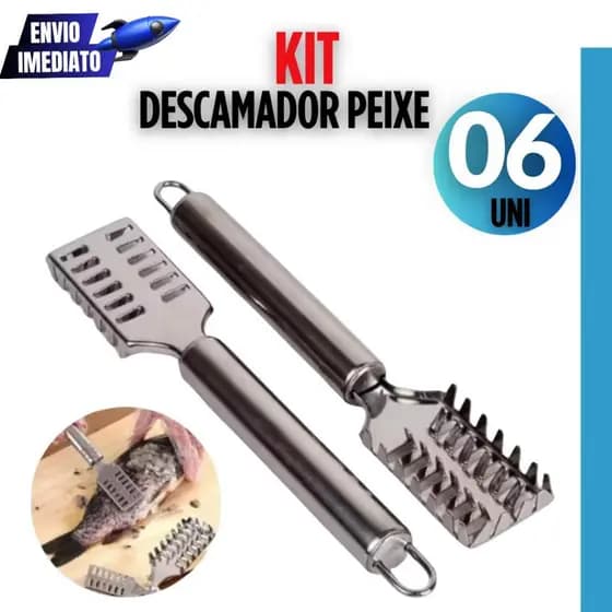 Kit 06 Peças Descamador de Peixe Removedor de Escamas Escamador Inox Pesca Restaurante Pesqueiro Premium