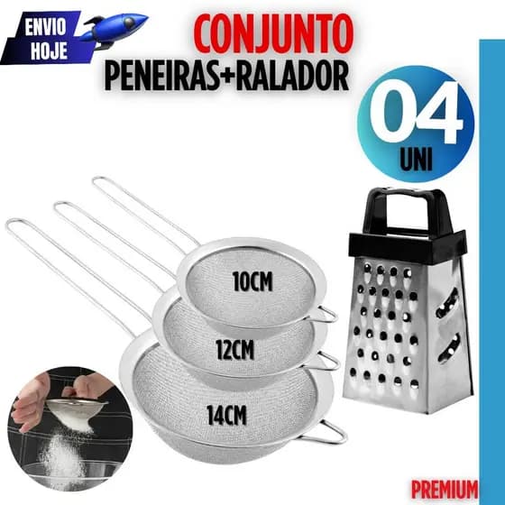 Kit Ralador Peneiras Inox Coador Fatiador 4 Faces Alimentos Utensilios Cozinha