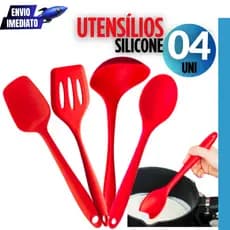 Kit 04 Unidades - Utensílios de Silicone Para Cozinha Concha Multiuso Colher de arroz Variáveis Espátula Reta + Vazada