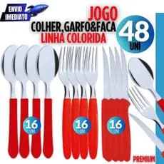 48 Unidades  - 16 Faca 16 Colher 16 Garfo Inox Linha Colorida Cabo Plástico Cozinha Qualidade Bar Restaurante Culinária