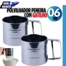 Conjunto 06 Unidades Polvilhador Peneira com Gatilho 12,5cm x 13cm Linha Inox Premium Qualidade Máxima