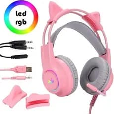 Fone De Ouvido Headset Gamer Gatinho Kp-ga04 Com Fio e Microfone RGB USB P2