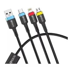 Cabo Carregador Usb Turbo 3 Em 1 Tipo C Lightning E Usb V8 Cor Preto
