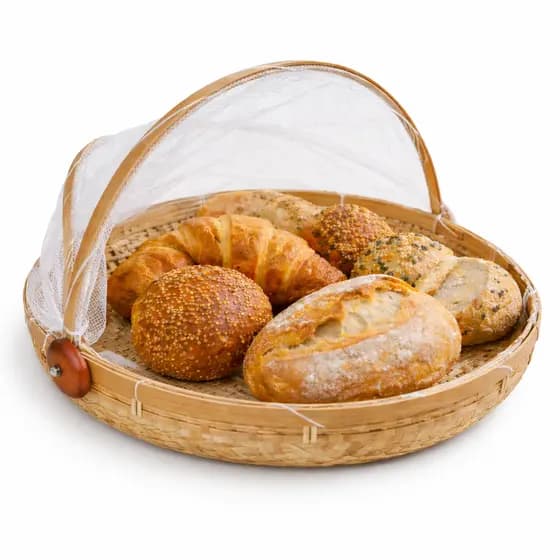 Cesto Porta Pão E Bolo Bambu Redondo Tela Protetor De Moscas Retratil 30cm