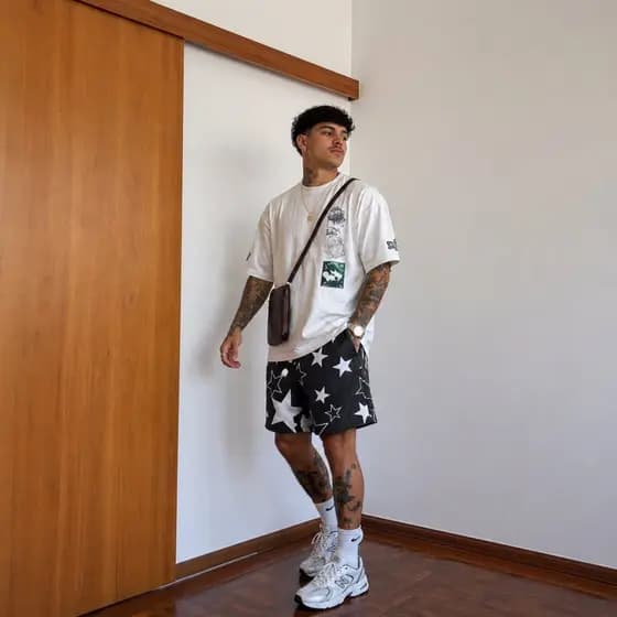 Shorts Tactel Masculino Estampado Estrela Bermuda Star Elastano Streetwear Masculina Treino