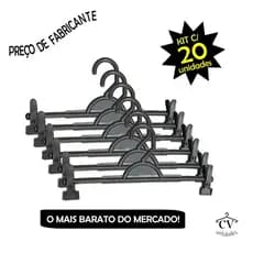 Cabide Cinza com presilha para roupas (KIT COM 20 UNIDADES)