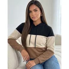 Blusa De Moletom Feminina Flanelada Com Capuz Recortes 3 Cores Agasalho De Frio