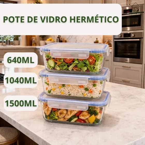 Pote de Vidro Hermético Retangular 4 Travas Marmita Microondas Freezer Armazenamento Comida Fit