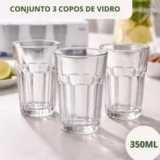 Jogo De Copos De Vidro Kit 3 Peças 350ml Resistente Premium Mesa Posta Drink Água